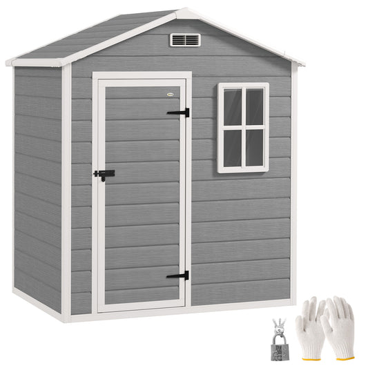 6 x 4ft Grey Plastic Garden Shed, with Floor, Window, Lockable Door, Vents, and Wood-Effect Resin for Outdoor Storage