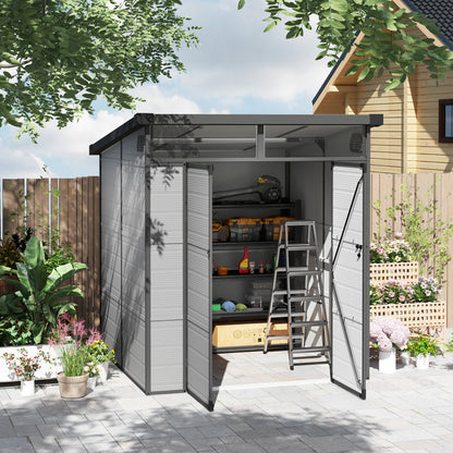 6 x 6ft Light Grey Outdoor Storage Shed, Plastic with Windows, Vents, and Latch Doors for Garden or Deck