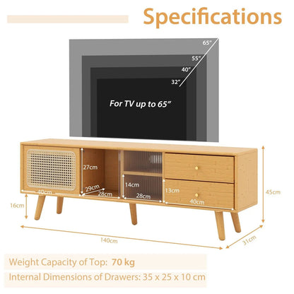 Bamboo TV Stand  for TVs up to 65’’ Modern TV Cabinet Console Table w/ 2 Drawers