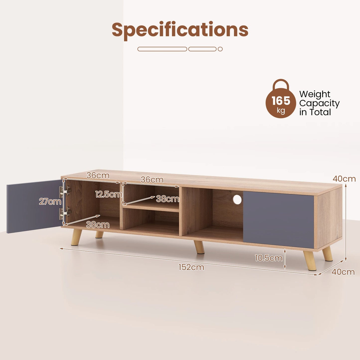 TV Stand with Open Shelf and 3 Cable Management Holes for TVs up to 65 inch