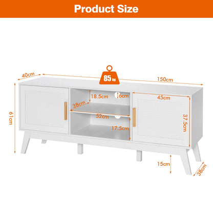 Natural Rattan TV Stand for 65-Inch TV, Media Storage Cabinet w/2 Doors, Adjustable Shelf