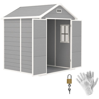 6 x 5ft Dark Grey Garden Shed, Plastic Shed with Floor, Window, Lockable Doors, Vents, and Wood-Effect Resin for Outdoor Patio Storage