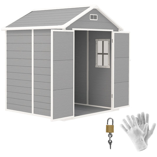 6 x 5ft Dark Grey Garden Shed, Plastic Shed with Floor, Window, Lockable Doors, Vents, and Wood-Effect Resin for Outdoor Patio Storage