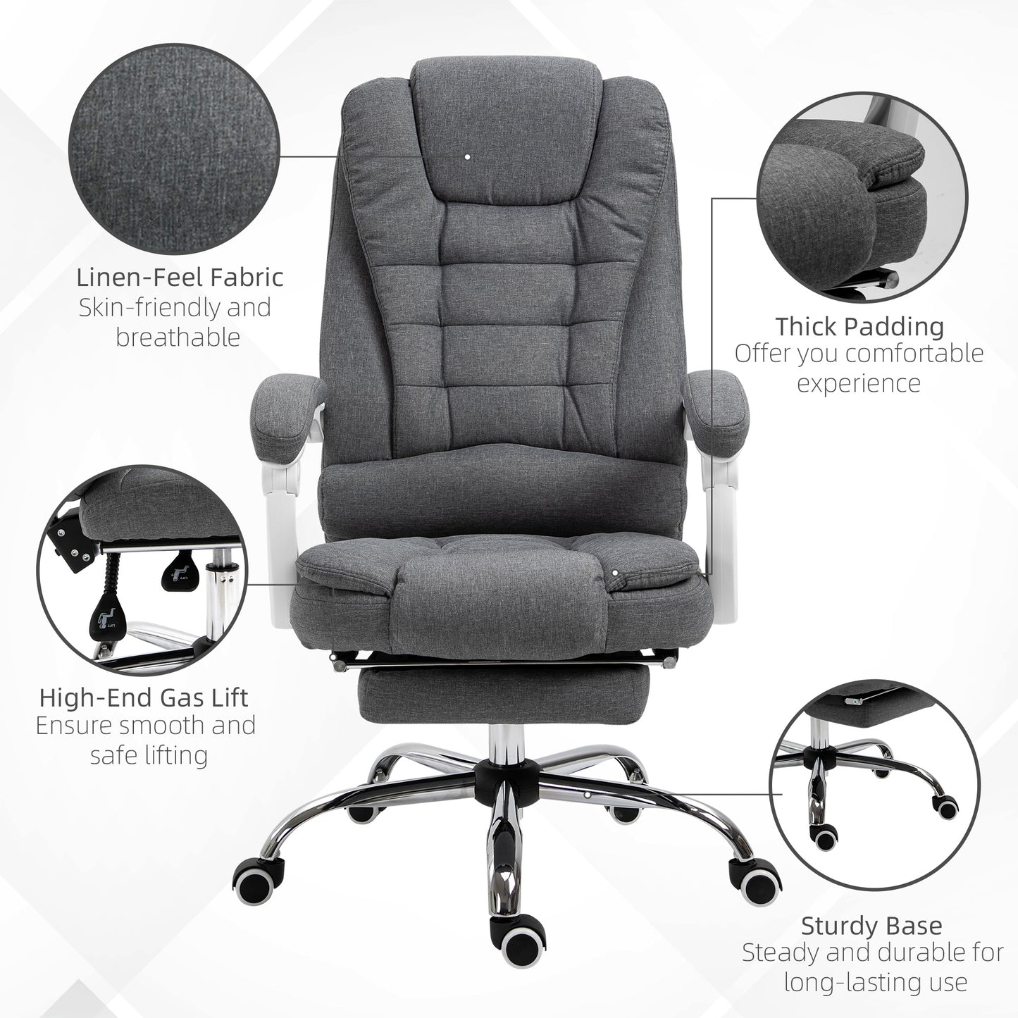 Vinsetto Office Chair, Computer Desk Chair, Linen Fabric Swivel Rolling Task Chair with Large Soft Padded Cushion, 135° Reclining Backrest and Retractable Footrest, Grey