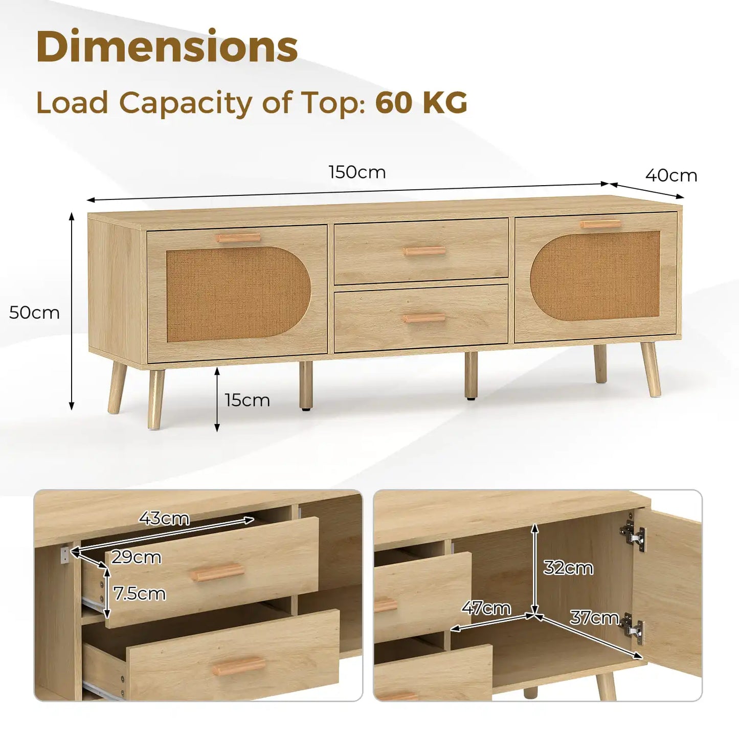 Rattan TV Stand for 65-Inch TV 150CM TV Console Cabinet with Drawers