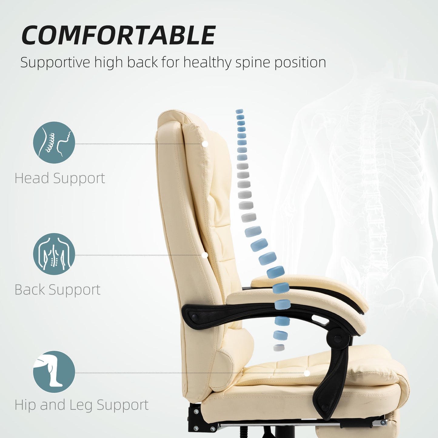 HOMCOM Executive Office Chair, Home Office Chair with Swivel Wheels, Reclining Backrest, Retractable Footrest, Cream White