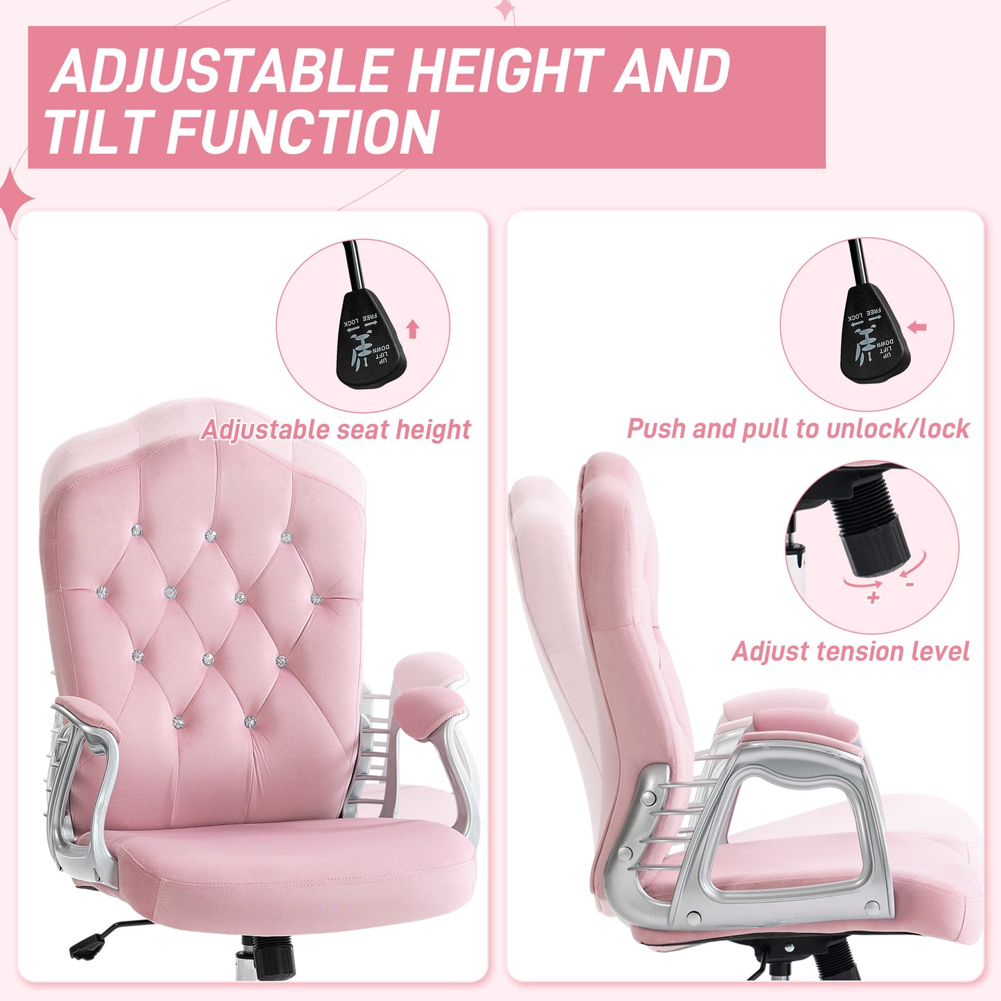 Vinsetto Velvet-Feel Work Chair, with Diamante Back - Pink