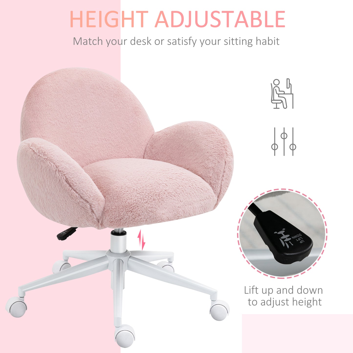 HOMCOM Makeup Vanity Chair, Cute Fluffy Desk Chair with Rolling Wheels for Bedroom Living Room, Pink