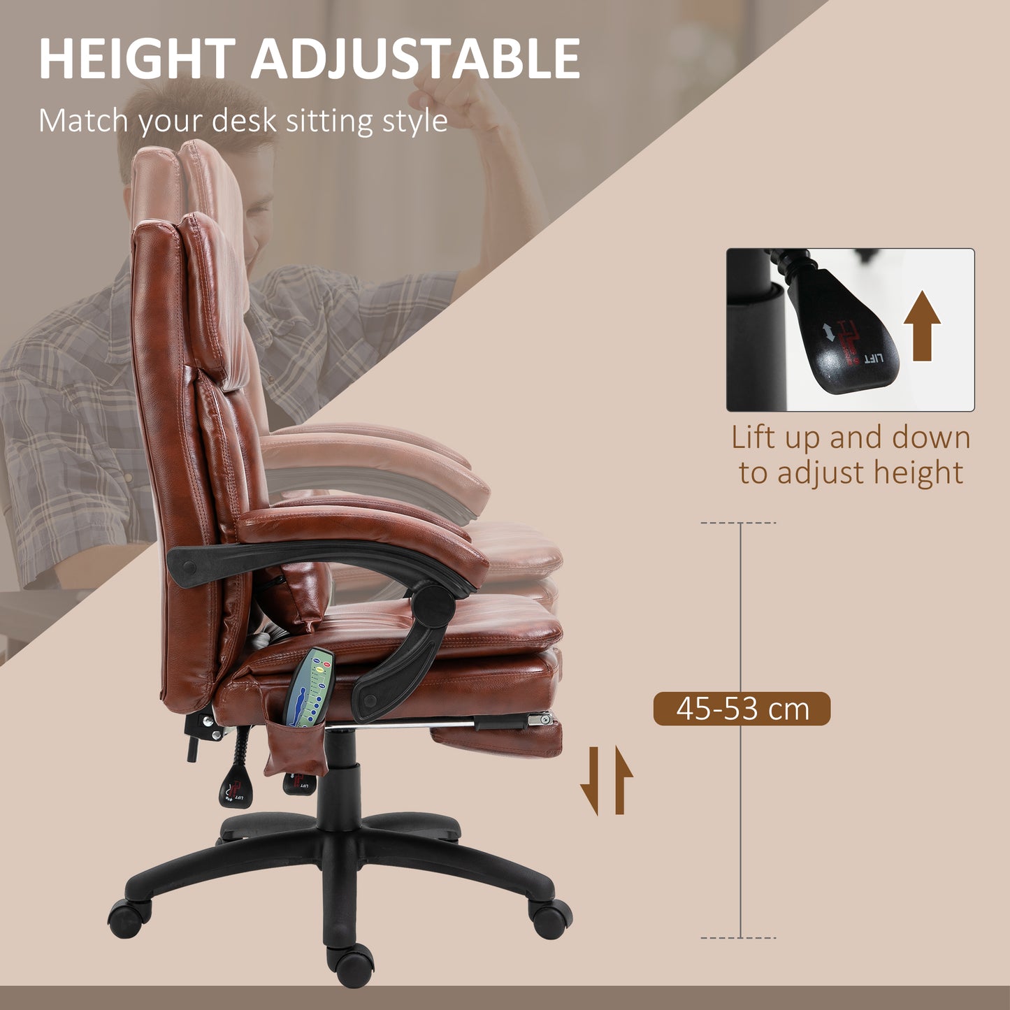 Vinsetto PU Leather Office Chair with 7 Point Vibrating Massage, Computer Desk Chair with Footrest, Adjustable Height, Reclining Back, Brown