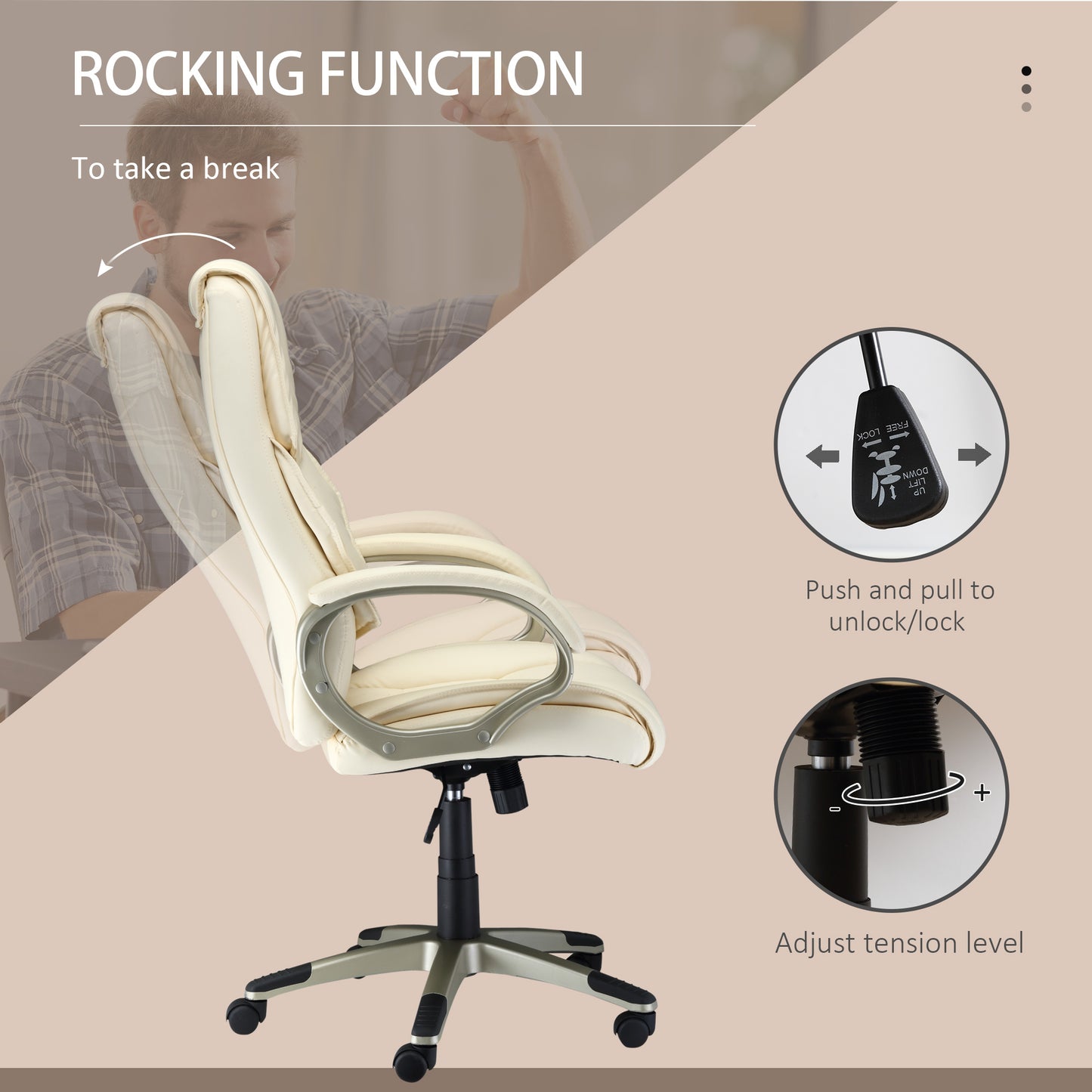 HOMCOM Home Office Chair High Back Computer Desk Chair with Faux Leather Adjustable Height Rocking Function Cream White