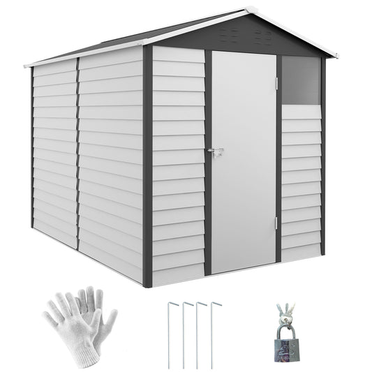 9x6ft Dark Grey Metal Outdoor Garden Shed, Galvanized Tool Storage Shed with Sloped Roof and Lockable Door for Patio or Lawn