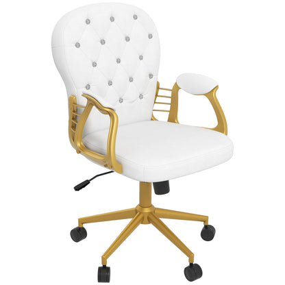 Vinsetto Height Adjustable Home Office Chair, Button Tufted Computer Chair with Padded Armrests and Tilt Function, Cream White