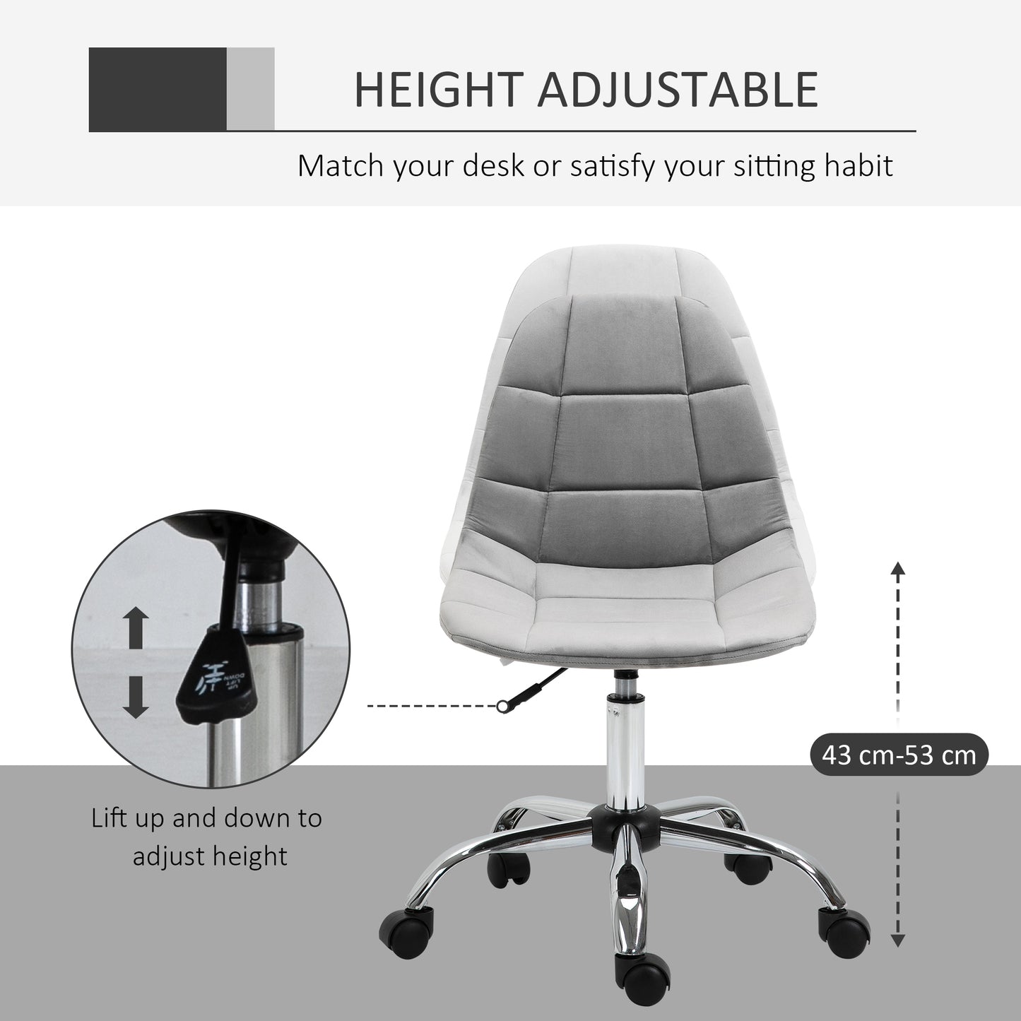 Vinsetto Ergonomic Office Chair with Adjustable Height and Wheels Velvet Executive Chair Armless for Home Study Bedroom Grey