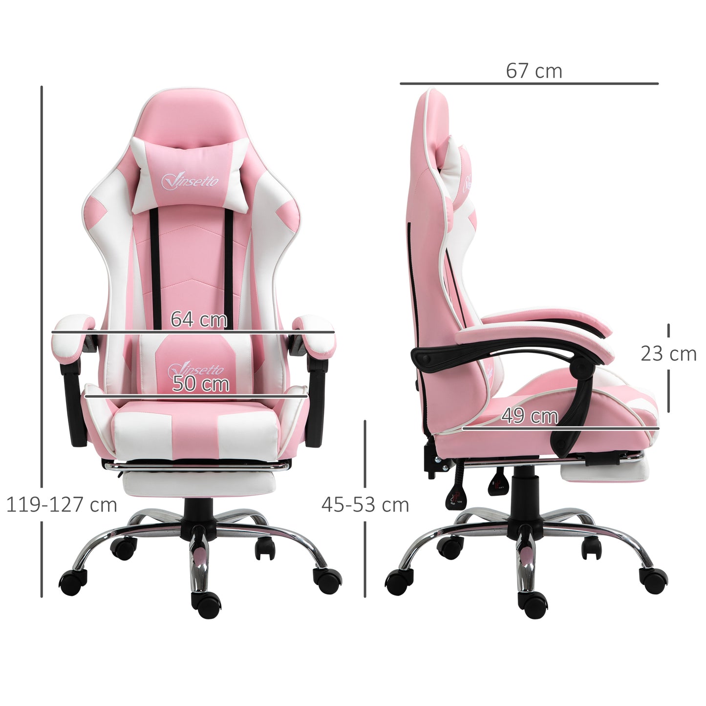 Vinsetto Pink Computer Gaming Chair, Desk Chair with 135° Reclining Back and Retractable Footrest, Adjustable PU Leather Lumbar Support and Headrest, Steel Base for Adults, Girls