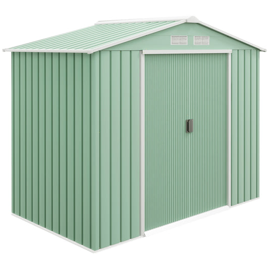 Outsunny 7 x 4ft Metal Garden Shed, Outdoor Storage Tool House with Ventilation Slots, Foundation Kit and Lockable Double Doors, Light Green