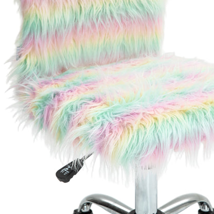 HOMCOM Fluffy Desk Chair, Armless Students Chair, Makeup Vanity Chair with Adjustable Height, Rolling Wheels for Home Study Bedroom, Unicorn Tone