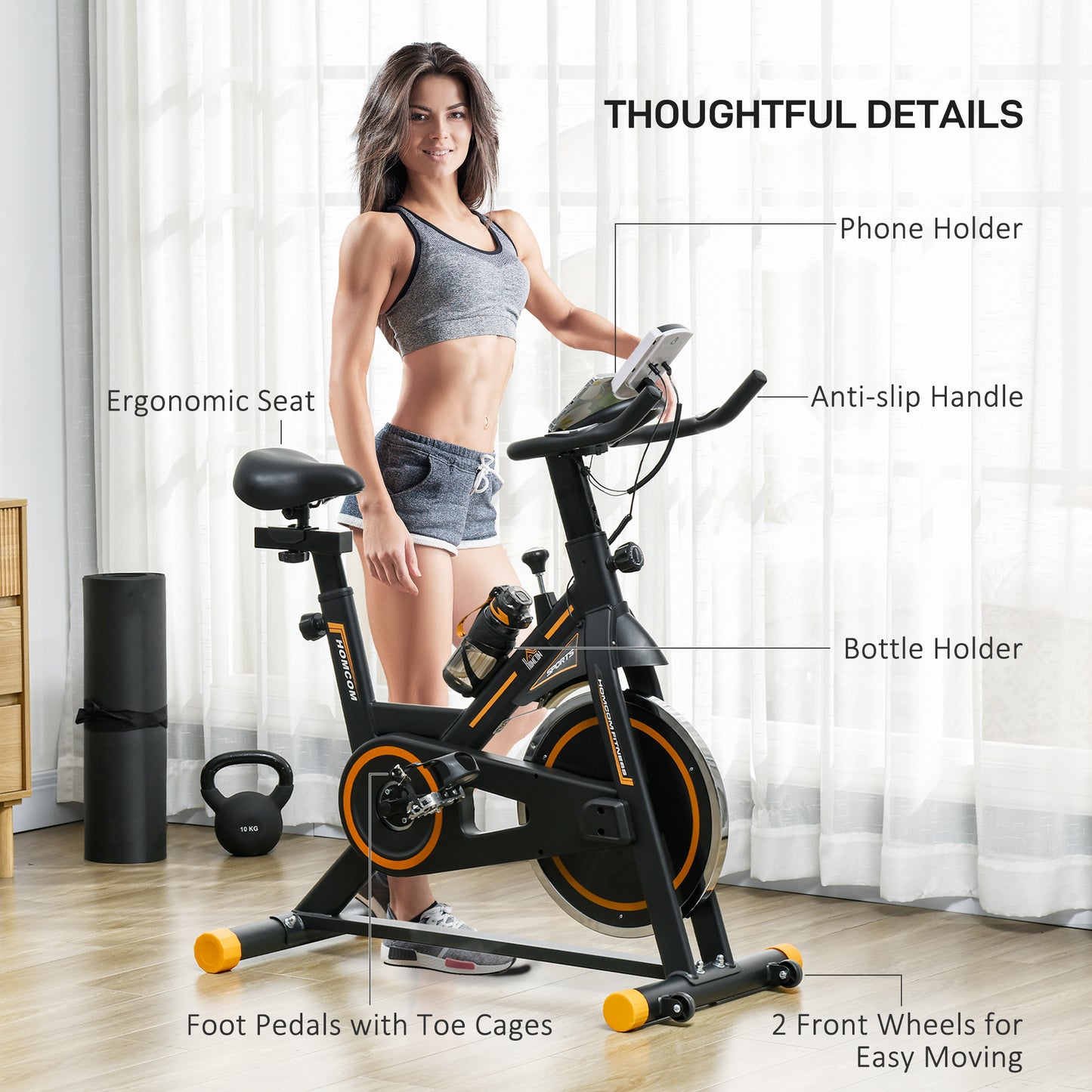 HOMCOM Exercise Bike, Indoor Cycling, with LCD Display, Heart Rate, Sensor - Black and Orange