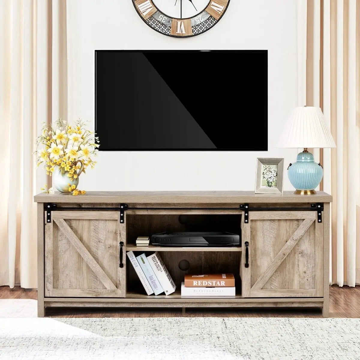 Modern TV Cabinet for 60" Wooden Media Storage Shelves Stand W/ Cabinets