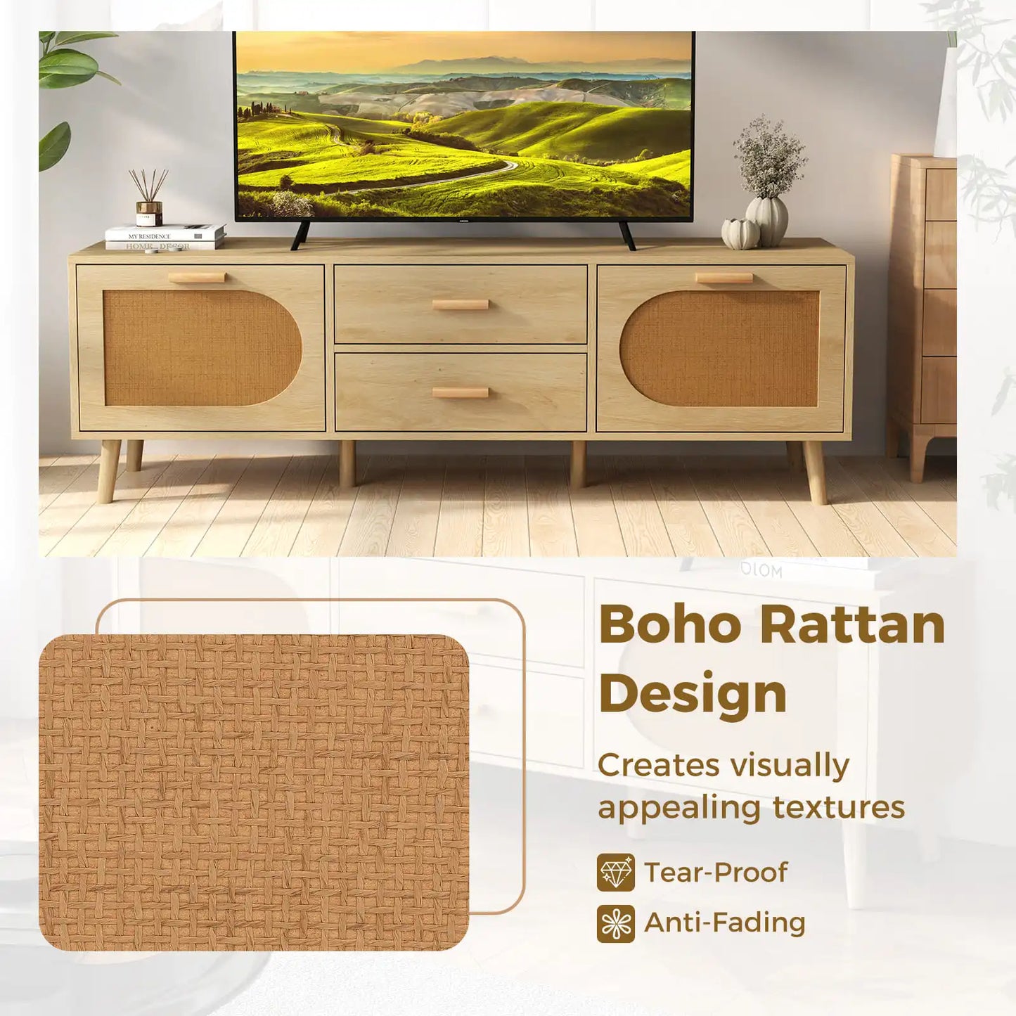 Rattan TV Stand for 65-Inch TV 150CM TV Console Cabinet with Drawers