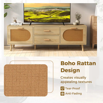 Rattan TV Stand for 65-Inch TV 150CM TV Console Cabinet with Drawers