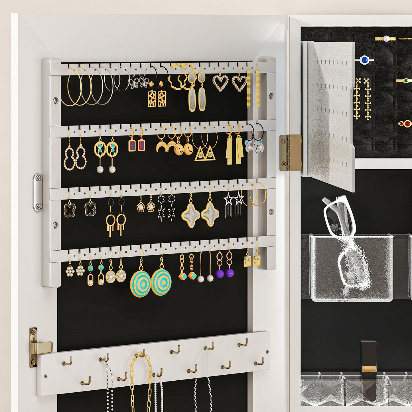 HOMCOM 108 x 37cm Lockable Jewellery Cabinet, with LED Lights - White Surface and Black Lining