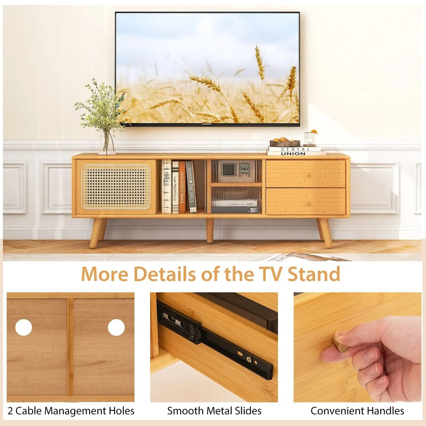 Bamboo TV Stand  for TVs up to 65’’ Modern TV Cabinet Console Table w/ 2 Drawers