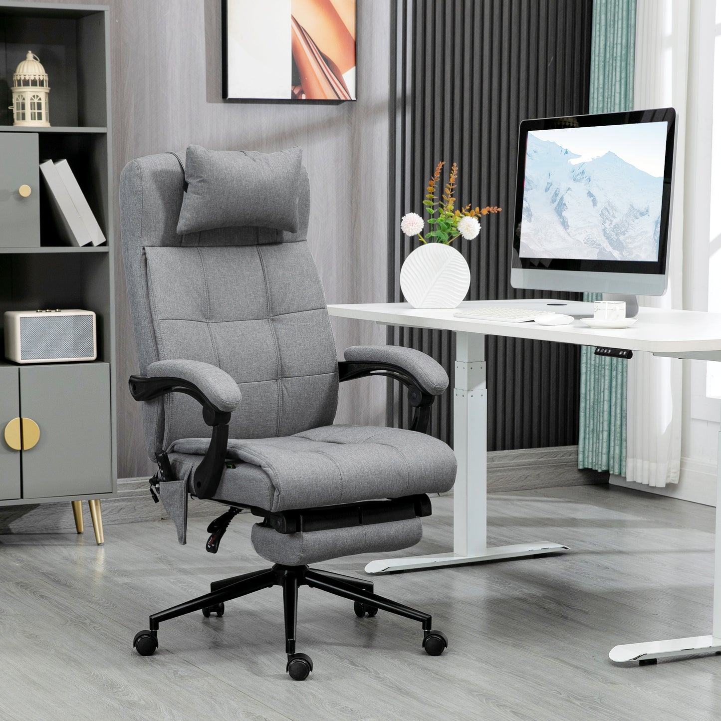 Vinsetto Office Chair, 6 Point Massage Desk Chair, Computer Chair with Footrest & Head Pillow, 360° Swivel Recliner Chair for Home Office, Grey