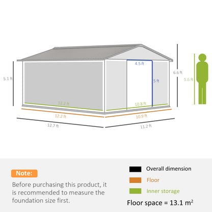 Outsunny 13 x 11ft Garden Metal Storage Shed Outdoor Storage Shed with Foundation Kit Ventilation & Doors, Light Grey