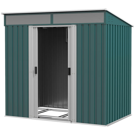 6.5 x 4ft Green Galvanized Metal Shed with Foundation Kit, Lockable Garden Tool Shed, Double Sliding Doors, and Vents
