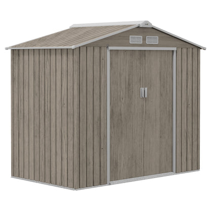 7 x 4ft Light Brown Metal Garden Storage Shed with Vents, Floor Foundation Kit, and Lockable Double Doors