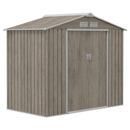 7 x 4ft Light Brown Metal Garden Storage Shed with Vents, Floor Foundation Kit, and Lockable Double Doors