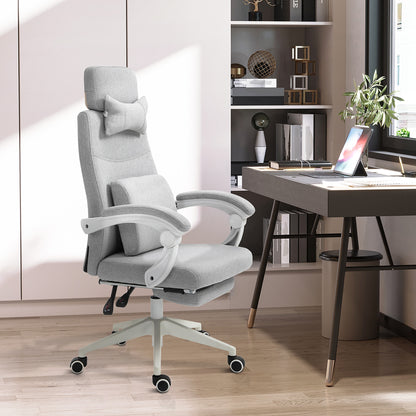 Vinsetto Office Chair, Ergonomic Desk Chair, High Back Fabric Work Chair with 160° Reclining Backrest, Retractable Footrest, Neck and Lumbar Pillow for Home and Study, Grey