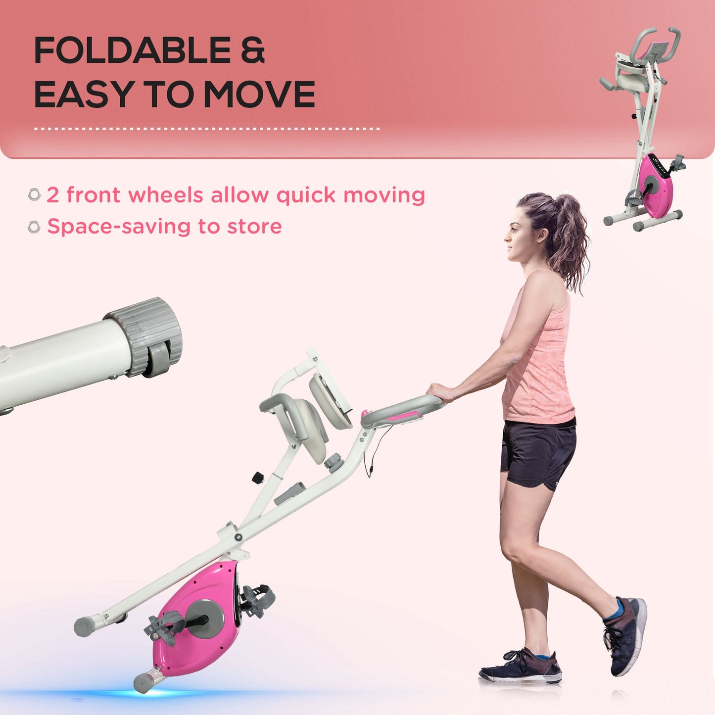 HOMCOM Folding Exercise Bike, with Adjustable Magnetic Resistance, Seat Height - White and Pink