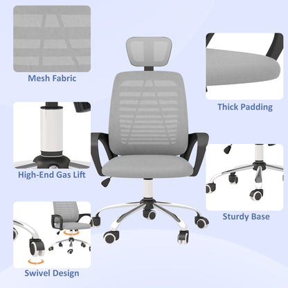 Vinsetto Ergonomic Office Chair, Mesh Desk Chair with Rotatable Headrest, Lumbar Back Support, Armrest, Grey