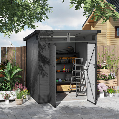 6 x 6ft Dark Grey Outdoor Storage Shed, Plastic with Windows, Vents, and Latch Doors for Garden or Deck