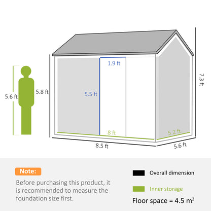 8 x 6 ft Galvanised Garden Shed, Outdoor Metal Storage Shed with Double Doors Window Air Vents for Patio, Lawn, Grey