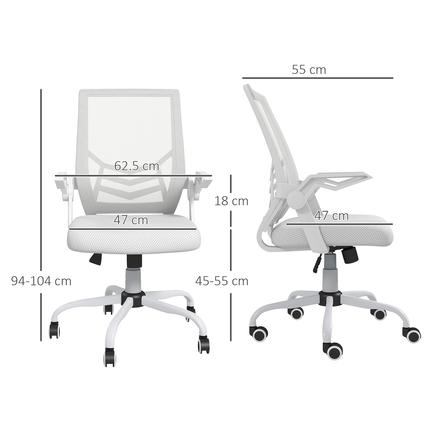 Vinsetto Mesh Office Chair, Computer Desk Chair with Flip-up Armrests, Lumbar Back Support and Swivel Wheels, White