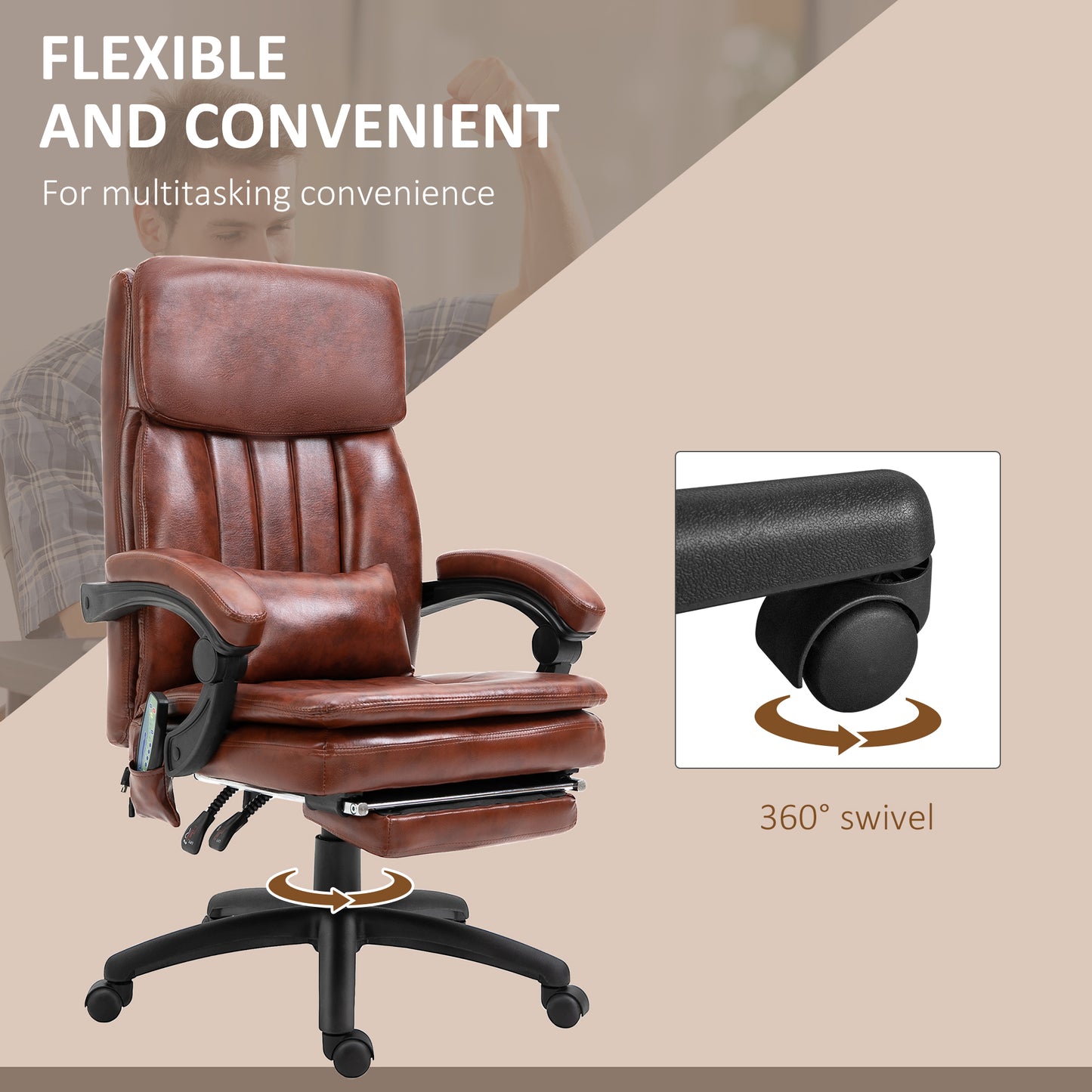 Vinsetto PU Leather Office Chair with 7 Point Vibrating Massage, Computer Desk Chair with Footrest, Adjustable Height, Reclining Back, Brown