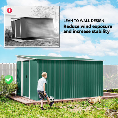 Garden Metal Storage Shed Outdoor Metal Tool House with Double Sliding Doors and 2 Air Vents, 11.3x9.2ft, Green