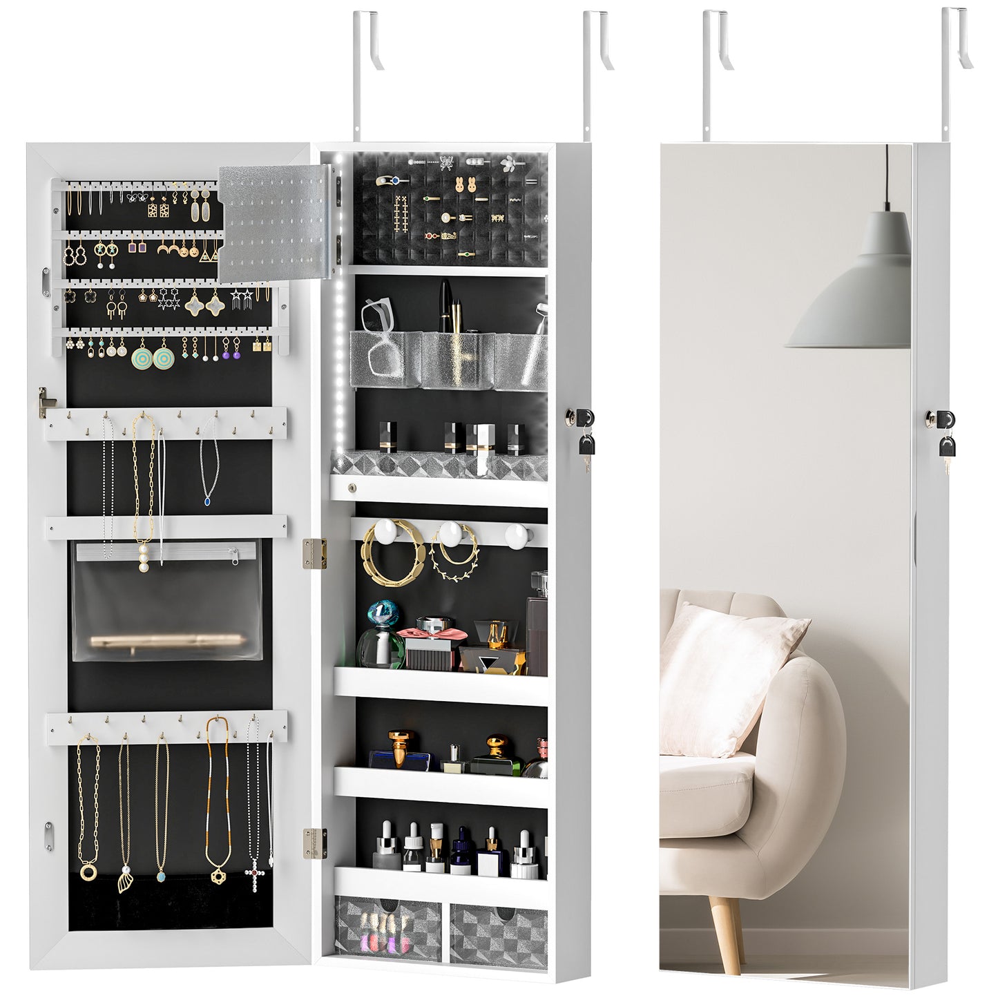 HOMCOM 108 x 37cm Lockable Jewellery Cabinet, with LED Lights - White Surface and Black Lining