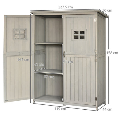 Outsunny Wooden Garden Shed with Two Windows, Tool Storage Cabinet, Outdoor Double Door Organizer 127.5L x 50W x 164H cm, Grey