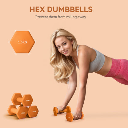 SPORTNOW 2 x 1.5kg Hexagonal Dumbbells Weights Set with Non-Slip Grip for Home Gym Workout, Orange