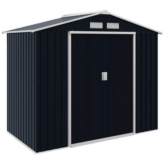 Outsunny 7 x 4ft Metal Garden Shed, Outdoor Storage Tool House with Ventilation Slots, Foundation Kit and Lockable Double Doors, Dark Grey