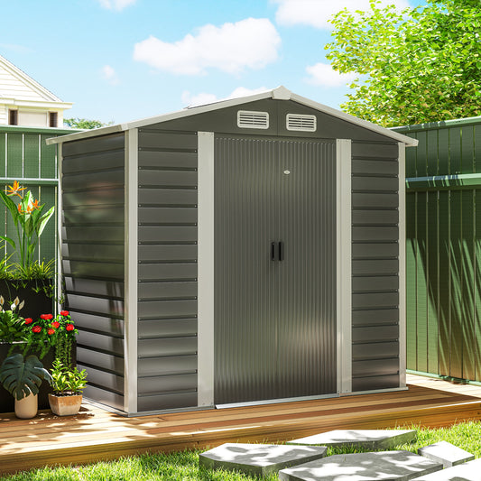 7 x 4ft Dark Grey Garden Shed, Easy Assembly, Galvanized Steel Frame, Foundation Kit, Lockable Double Doors, Vents, and Gloves