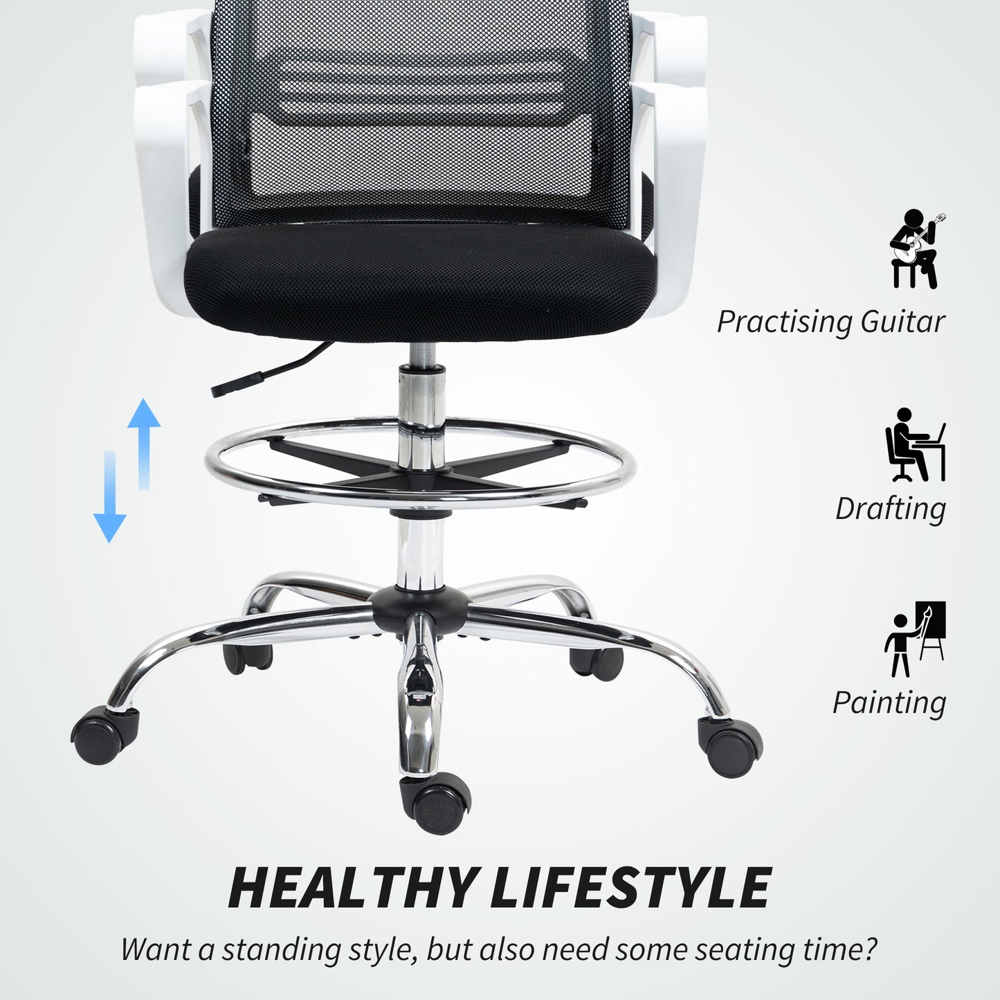 HOMCOM Draughtsman Chair, Mesh Drafting Chair, Ergonomic Office Chair with Lumbar Support, Adjustable Foot Ring, Black