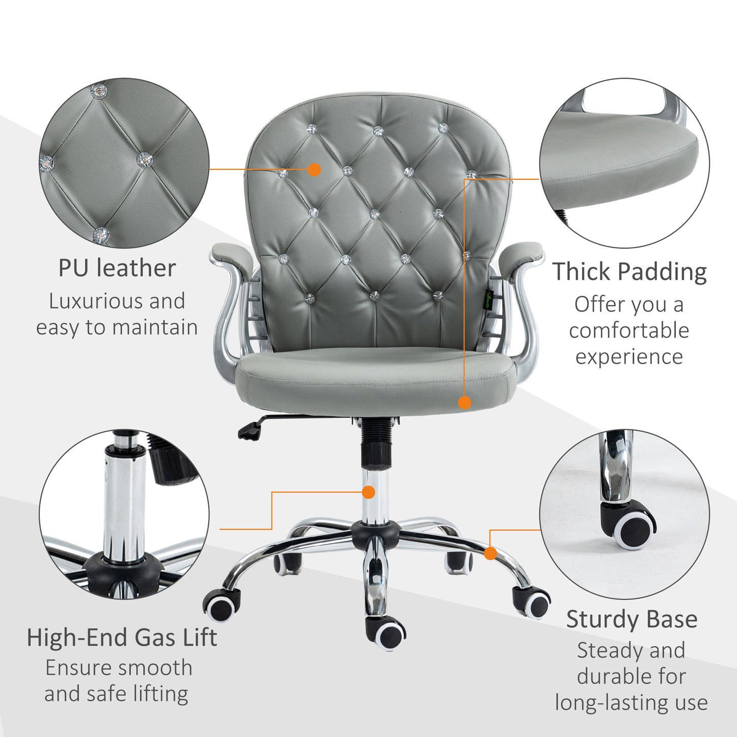 Vinsetto Office Chair Ergonomic 360° Swivel PU Diamante Padded Base 5 Castor Wheels for Home Work Grey