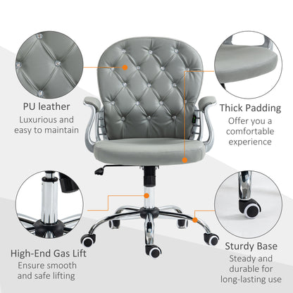 Vinsetto Office Chair Ergonomic 360° Swivel PU Diamante Padded Base 5 Castor Wheels for Home Work Grey