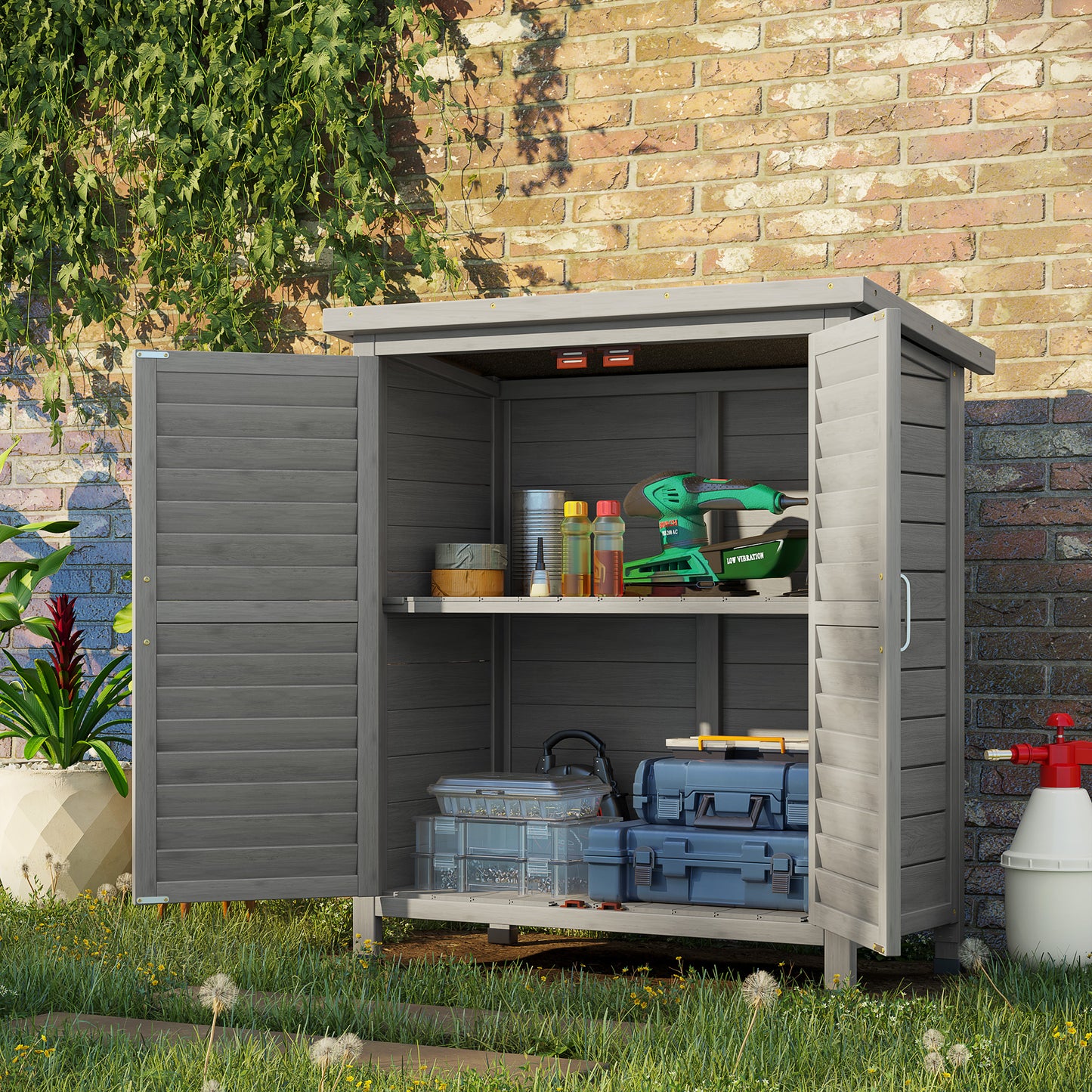 Outsunny Garden Shed Wooden Garden Storage Shed 2 Door Unit Solid Fir Wood Garage Tool Organisation Cabinet, 87L x 46.5W x 96.5Hcm, Grey