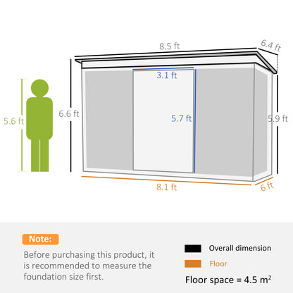 Outsunny Garden Metal Storage Shed House Hut Gardening Tool Storage w/ Tilted Roof and Ventilation 8.5 x 6ft, Grey