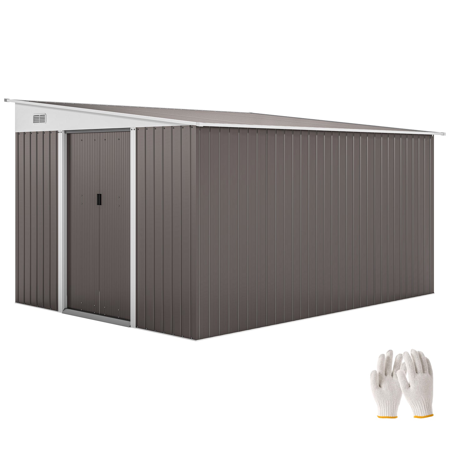 Outsunny 11.3 x 9.2ft Lean to Metal Garden Shed, Outdoor Galvanised Tool Storage House with Double Sliding Doors and 2 Air Vents, Grey